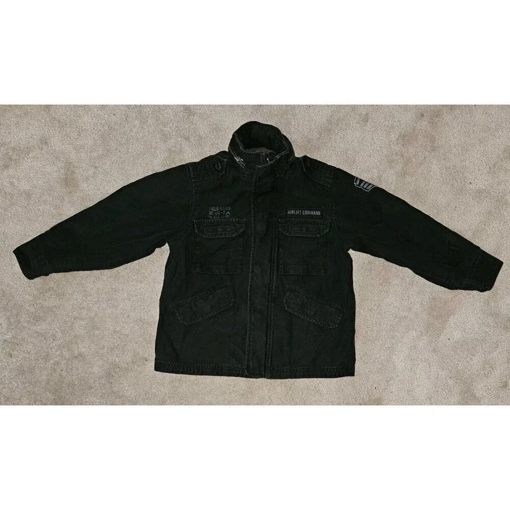 Old Navy Black Denim Jacket Full Zip Hooded Boys XS Airlift Command Halloween